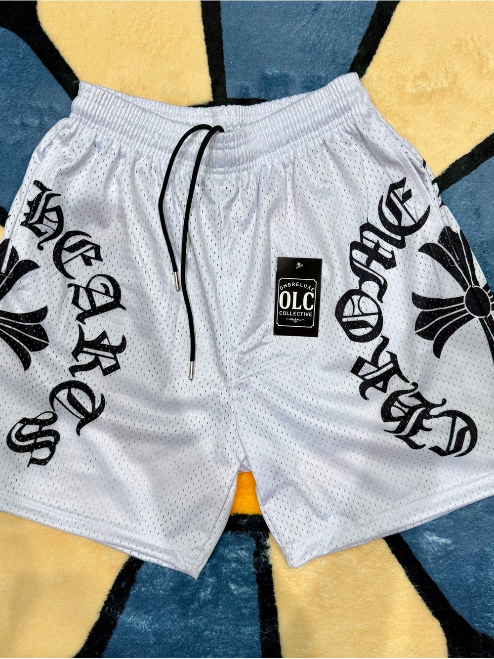 White Gothic Cross Mesh Shorts Metal Tip Drawstrings Pockets NWT